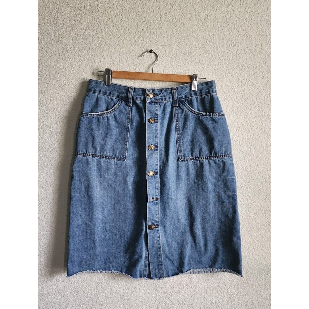 Button-Front Denim Raw Hem Blue Casual Pencil Skirt Size Large *FLAW*
